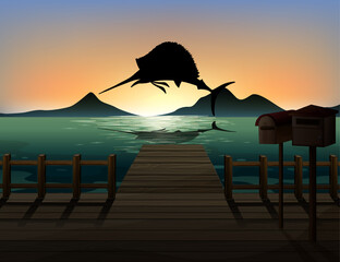 Wall Mural - marlin fish in nature scene silhouette