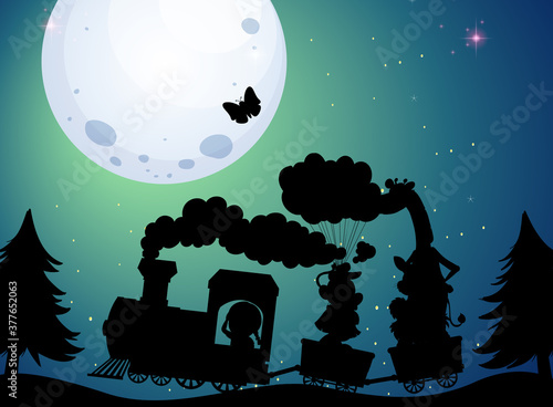 Train travel at night silhouette scene
