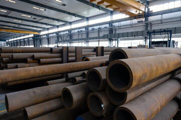 The steel pipes are stacked in the workshop warehouse