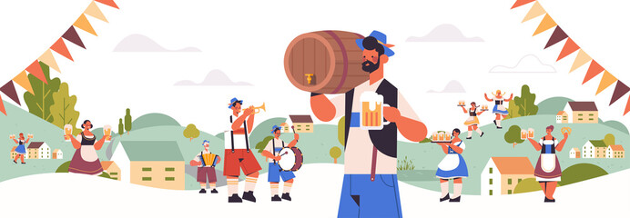 people holding mugs and playing musical instruments celebrating beer festival Oktoberfest party celebration concept landscape background greeting card horizontal vector illustration