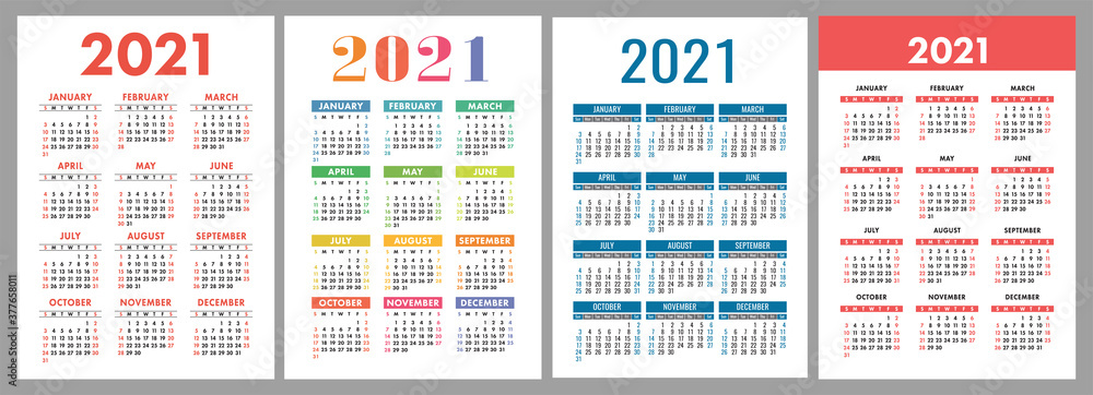 Calendar 2021 year set. Vector template collection. Simple design. Week starts on Sunday. January, February, March, April, May, June, July, August, September, October, November, December - obrazy, fototapety, plakaty 