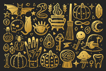 Halloween Clip Art Set Of Elements. Holiday Ink Stamps, Silhouettes. Eye, Black Cat, Bat, Witch Hat, Pumpkin, Key, Poison, Cauldron, Skull, Bone, Snake, Runes, Moon. Golden Stickers.