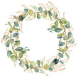 Wreath of watercolor and golden eucalyptus branches and leaves, hand drawn on a white background