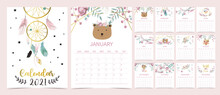 Cute Boho Calendar 2021 With Bear, Dreamcatcher, Feather For Children, Kid, Baby