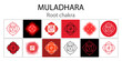 Muladhara icon set. The first root chakra. Vector red gloss and shine. One line symbol. Outline sacral sign collection. Meditation