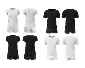 Wall Mural - Mock up, black and white clothes templates. Set of sportswear for women and men. Shorts and t-shirt isolated on a white background. 3d realistic render.
