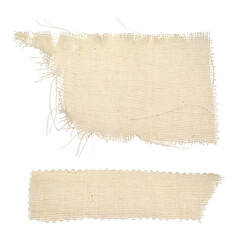 pieces of ragged burlap shreds. rectangular canvas patches. texture background fabric in beige color