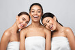 Three Positive Pretty Girls Posing After Shower In Studio