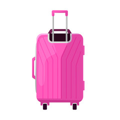 Travel suitcase on wheels, pink color. An item necessary for travel and travel. Vector image isolated on a white background.