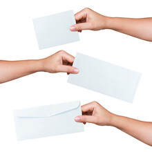 Woman Hands Holding Blank White Envelope Isolated On White Background. Objects With Clipping Path And Copy Space. Business And Finance Concept