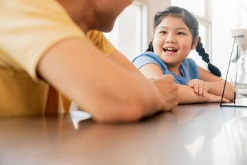 asian family conversation father and daughter casual cloth have a happiness talk together on dining table home sweet home ideas concept