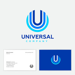 Universal abstract logo. U letter located in a few colored circles. Multi color geometric elements as U monogram on different backgrounds. Business card.