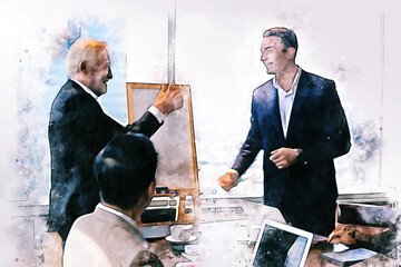 Abstract colorful business teamwork discuss and meeting in meeting room on watercolor illustration painting background.