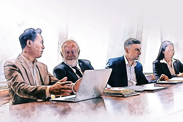 Abstract colorful business teamwork discuss and meeting in meeting room on watercolor illustration painting background.