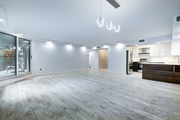 Real estate photography - Beautiful empty renovated apartment in an apartment building with bathroom, new kitchen, new floors, all white painted