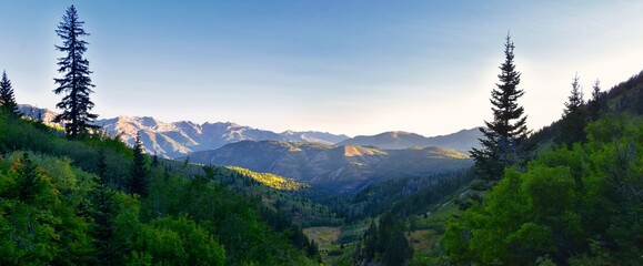 Timpanogos hiking trail landscape views in Uinta Wasatch Cache National Forest, around Utah Lake, in the Rocky Mountains in fall. Views of Midway, Heber, Provo city, Salt Lake and Utah County. USA.