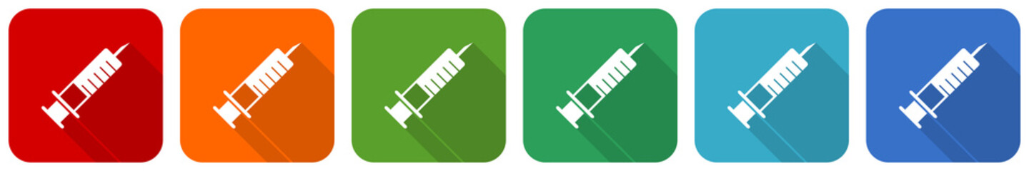 Canvas Print - Syringe, injection icon set, flat design vector illustration in 6 colors options for webdesign and mobile applications