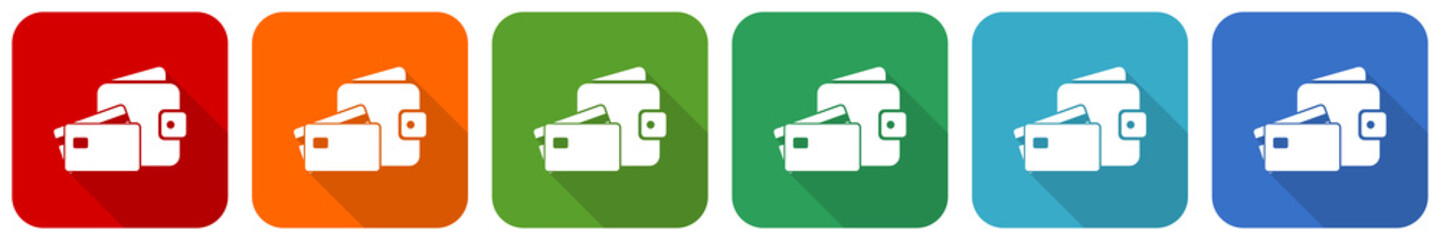 Leinwandbilder - Wallet and credit cards, business icon set, flat design vector illustration in 6 colors options for webdesign and mobile applications