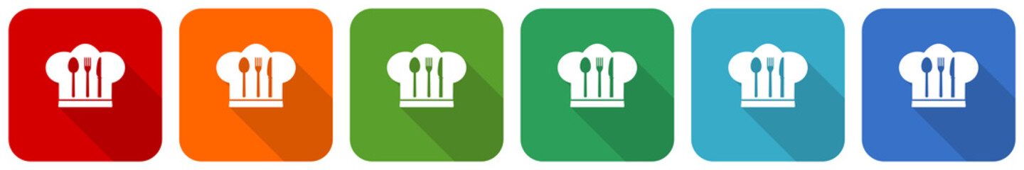 Poster - Chef hat, cook and kitchen icon set, flat design vector illustration in 6 colors options for webdesign and mobile applications