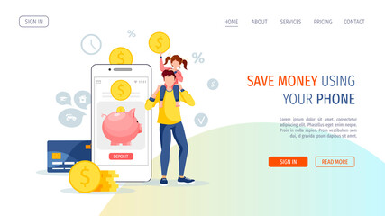 Wall Mural - Phone with piggy bank on the screen and coins. Dad with daughter on his shoulders. Money saving or accumulating, Financial services, Mobile app, Internet banking concept. Vector illustration.