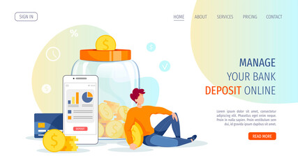 Wall Mural - Large piggy bank in the form of a jar with coins inside, phone and young man. Money saving or accumulating, Financial services, Mobile app, Internet banking concept. Vector illustration.