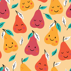 Wall Mural - Seamless pattern for autumn season with cute pears.