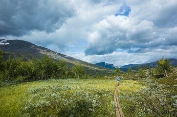 Hiking in Swedish Lapland. Man trekking alone on Kings Trail in northern Sweden. Arctic mountain nature of Scandinavia in summer day sky with clouds