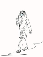 Sketch of muslim arabic man in traditional white clothes uses medical face mask on beard,  walks and waves with hand, Coronavirus prevention, Hand drawn vector illustration