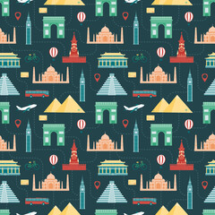 Wall Mural - Travel composition with famous world landmarks. Seamless pattern. Vector