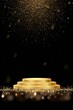 Golden award round podium with shiny glitter and sparkles isolated on dark background. Vector realistic illustration of symbol of victory, achievement of success, rewarding of winner.