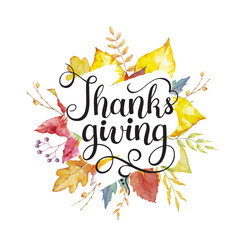 Wall Mural - Happy thanksgiving text with watercolor autumn leaves isolated on white background.