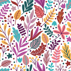 Wall Mural - Seamless pattern with colorful autumn leaves and berries. Vector illustration.