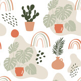 Modern abstract seamless pattern with monstera, cactus, boho rainbow and organic shapes. Trendy vector hand drawn illustration, good for fabrics, wallpapers, wrapping paper, digital paper.
