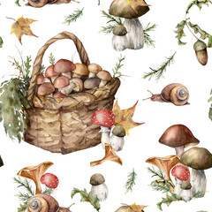 Watercolor autumn seamless pattern with mushrooms, basket and snail. Hand painted amanita muscaria, chanterelle, boletus isolated on white background. Illustration for design, print or background.