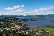 Scenic View Of The Town And Harbor Of Gourock In Inverclyde In Scotland. Blue Sky, Sunny Day In The Greenock Area.