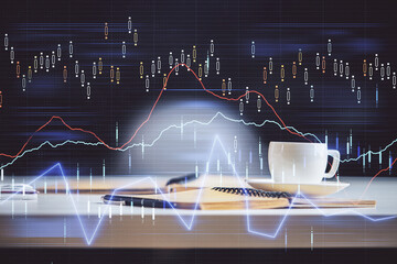 Multi exposure of forex graph drawing and desktop with coffee and items on table background. Concept of financial market trading