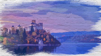 Sticker - Stunning Niedzica castle by lake, watercolor painting