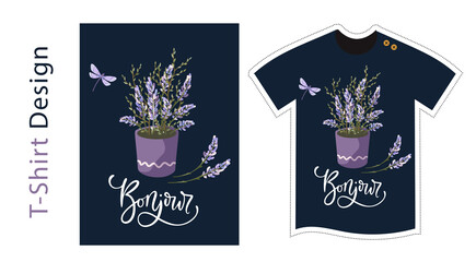 Vector t shirt design vector template for kids and adults. Cute lavender detailed illustration. Textile graphic tee hand drawn lettering print - Bonjour. Floral lady nature illustration.