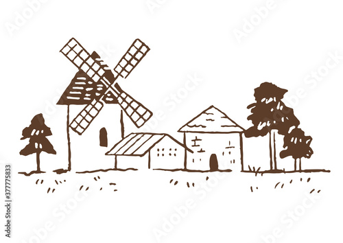 手描きイラスト素材 レトロでおしゃれな風車のある風景スケッチ 線画 田園風景 Stock Vector Adobe Stock 手描きイラスト素材 レトロでおしゃれな風車のある風景スケッチ 線画 田園風景 Stock Vector Adobe Stock
