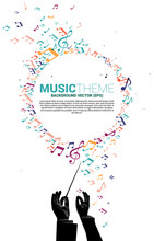 Vector Silhouette Of Conductor Hand With Music Melody Note Dancing Flow . Concept Background For Classic Music Concert And Recreation.