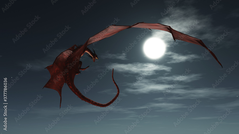Fantasy illustration of a red dragon flying in the night sky in the ...