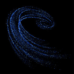 Wall Mural - Blue 3d whirlpool, vortex, twist with dynamic particles. Shimmering star dust trail. Vector abstract motion isolated on black background