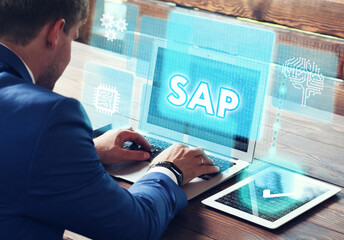 sap system software automation concept on virtual screen data center. business, modern technology, i