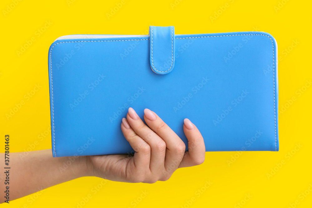 Female hand with travel organizer on color background