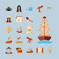 Sticker - set of icons columbus day on gray background