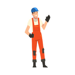 Poster - Cheerful Construction Worker, Male Builder Character Wearing Uniform and Protective Helmet Building House Cartoon Vector Illustration