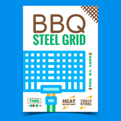 Sticker - Bbq Steel Grid Creative Advertising Poster Vector. Barbeque Metallic Grid, Equipment For Fry Meat, Fish Or Vegetable Promotional Banner. Grilling Time Concept Layout Style Color Illustration