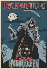 Halloween Illustration, Grim Reaper And Haunted Mansion, Night Scene Retro Style 