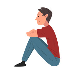 Sticker - Guy in Casual Clothes, Male Student Sitting on Lawn, Side View Cartoon Vector Illustration