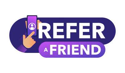 Refer a friend button - referral program social marketing element -phone in hands touching to screen with human avatar - isolated vector web banner